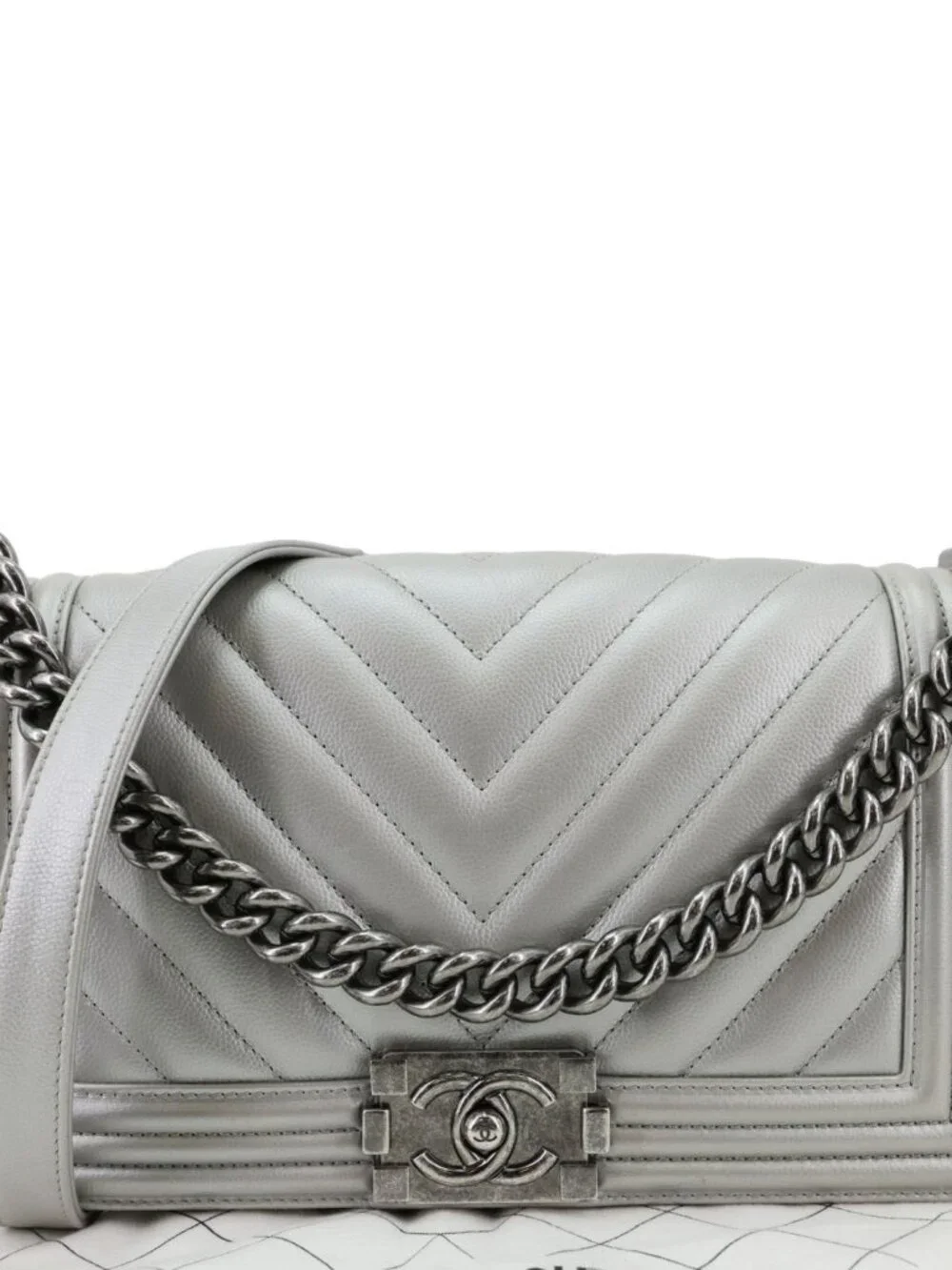 Chanel Boy Flap Medium Chevron Quilted Metallic Caviar Leather Crossbody Bag Si